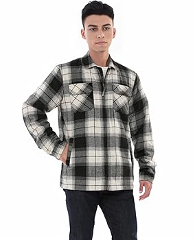 Mens Fleece Lined Flannel Shacket Long Sleeve Zip Sherpa